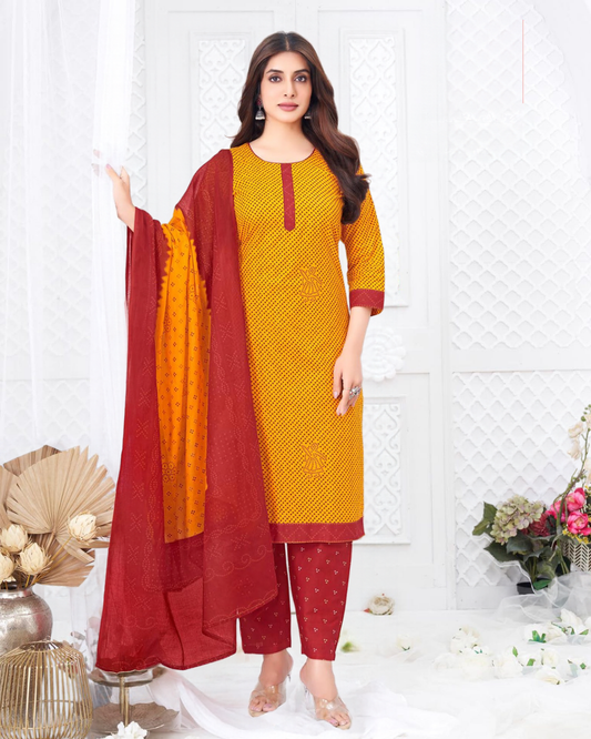 Super Bandhani Mustard Yellow with Maroon Cotton Suit