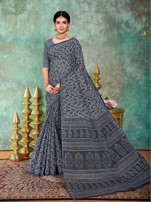Siri Charcoal Grey & Black Cotton Saree