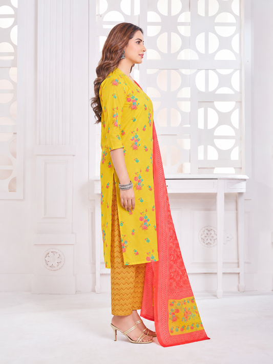 Anushree Yellow and Coral Pink Combination Cotton Stitched Suit Set
