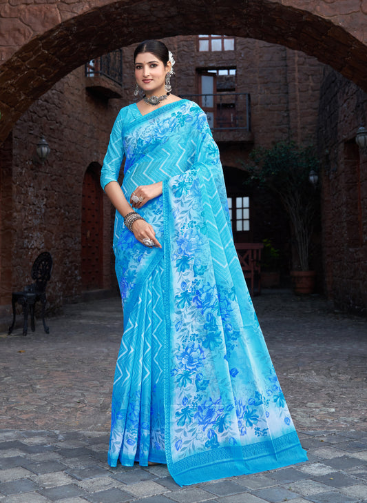 Andhra Express Turquoise Blue Mulmul Printed Saree