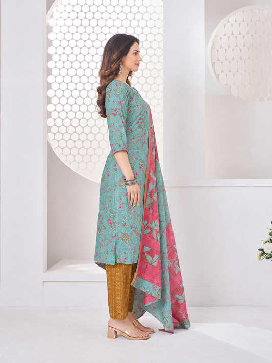 Anushree Aqua Blue & Mustard Combination Cotton Stitched Suit Set