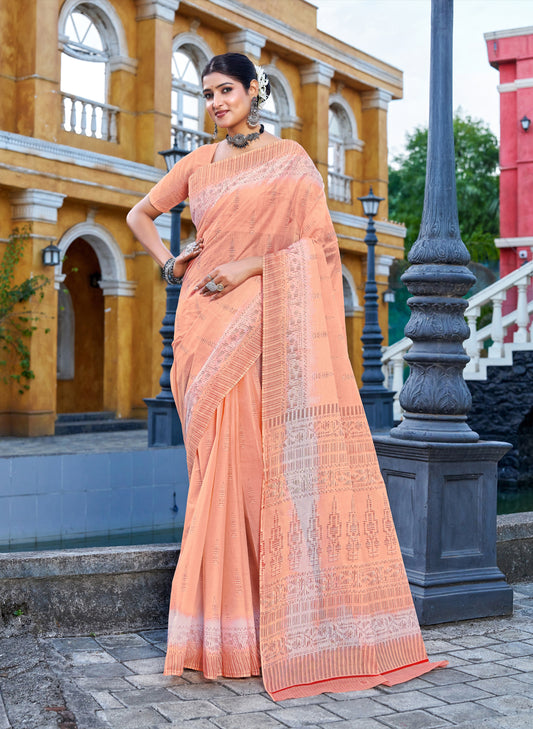 Andhra Express Peach Mulmul Printed Saree