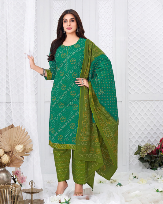 Super Bandhani Teal Green with Olive Green Suit