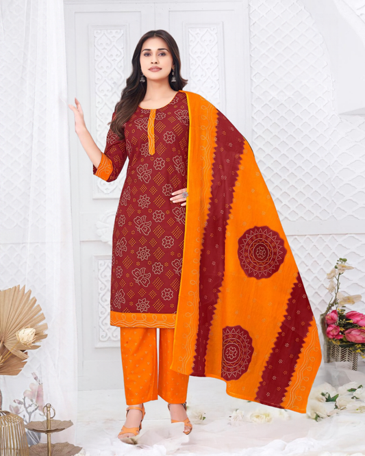 Super Bandhani Maroon with Bright Orange Cotton Suit