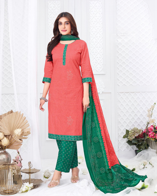 Super Bandhani Coral Pink with Dark Green Cotton Suit