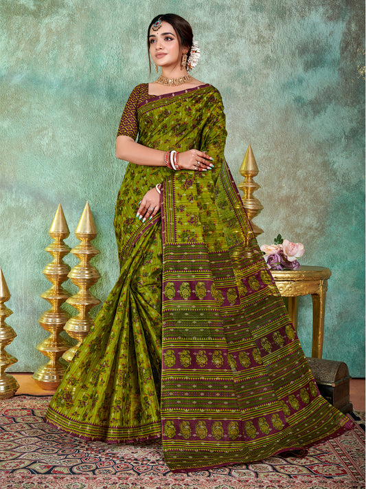 Siri Olive Green & Deep Brown Cotton Saree