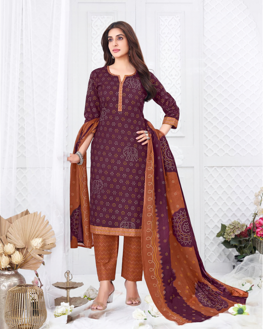 Super Bandhani Deep Purple with Rust Brown Cotton Suit
