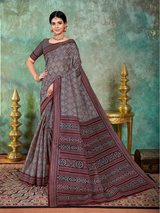 Siri Grey, Charcoal & Maroon Cotton Saree
