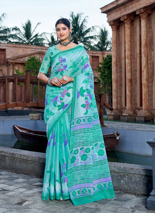 Andhra Express Sea Green Mulmul Printed Saree