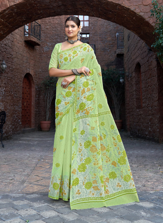 Andhra Express Pista Green Mulmul Printed Saree