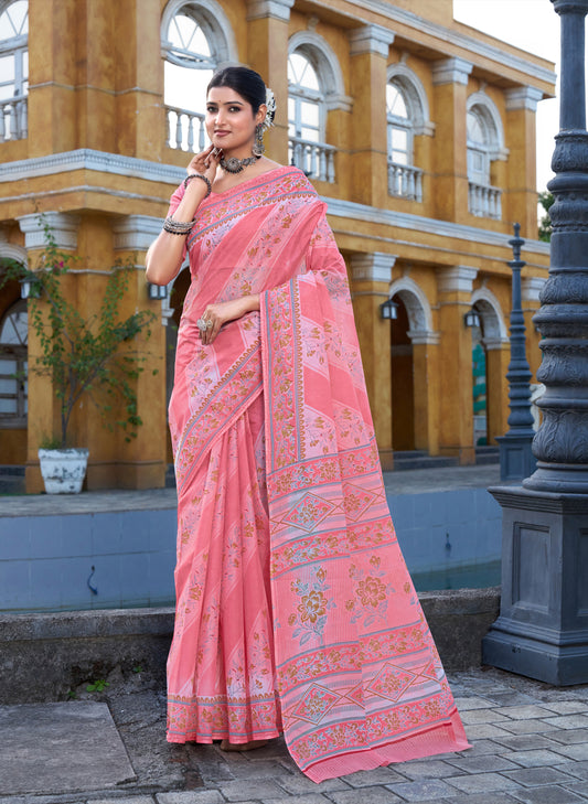 Andhra Express Coral Pink Mulmul Printed Saree