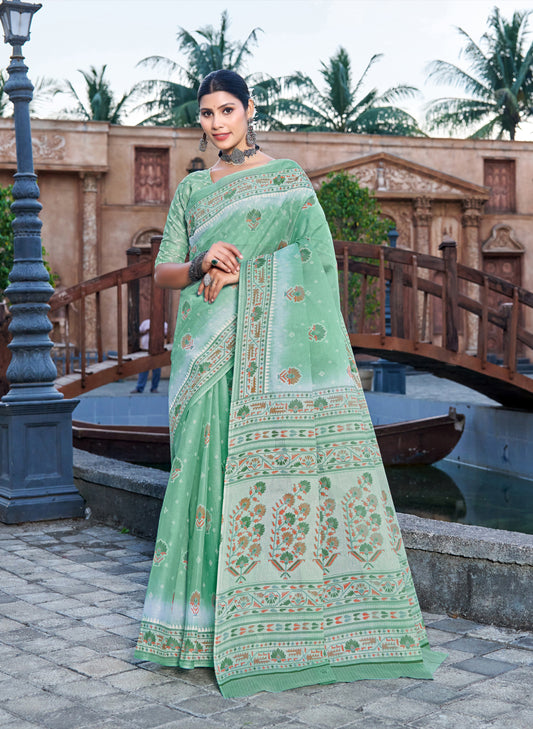 Andhra Express Mint Green Mulmul Printed Saree