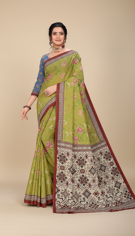 Digital Cotton Pista Green Saree