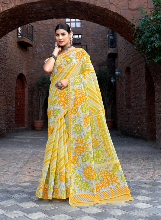 Andhra Express Sunshine Yellow Mulmul Printed Saree
