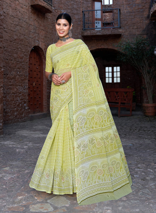 Andhra Express Lime Yellow Mulmul Printed Saree