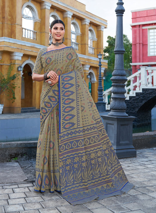 Andhra Express Olive Beige Mulmul Printed Saree