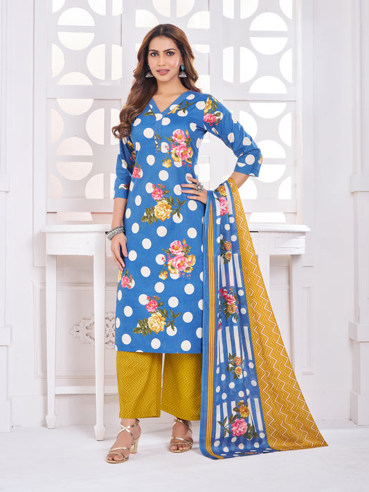 Anushree Sky Blue and Mustard Combination Suit Set