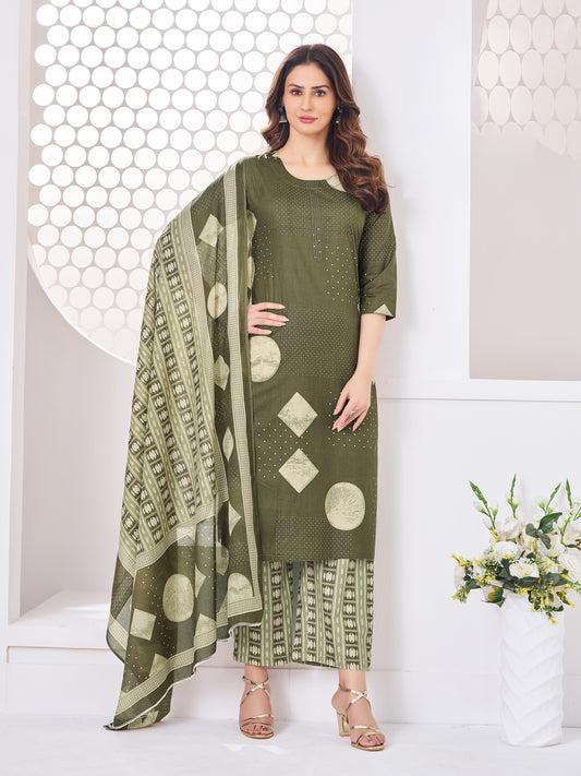 Anushree Olive Green and Cream Combination Suit Set