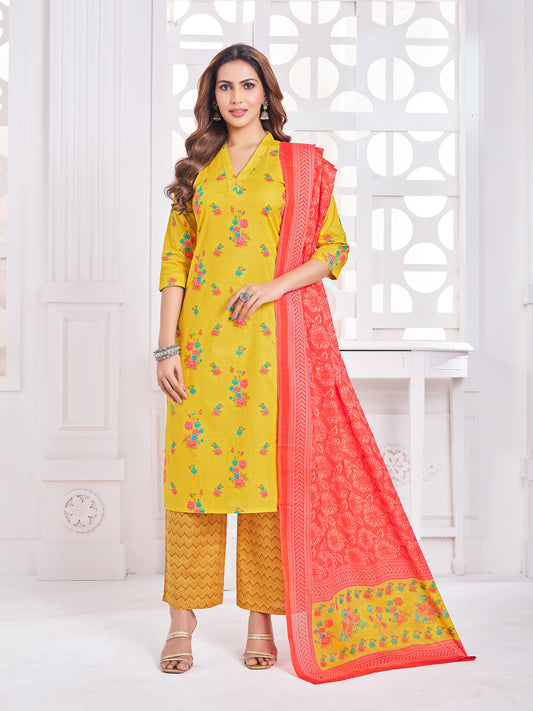 Anushree Yellow and Coral Pink Combination Suit Set