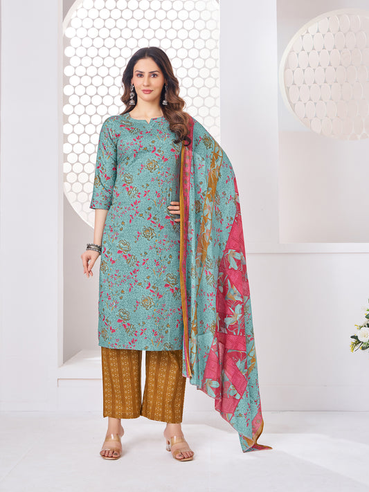 Anushree Aqua Blue & Mustard Combination Suit Set