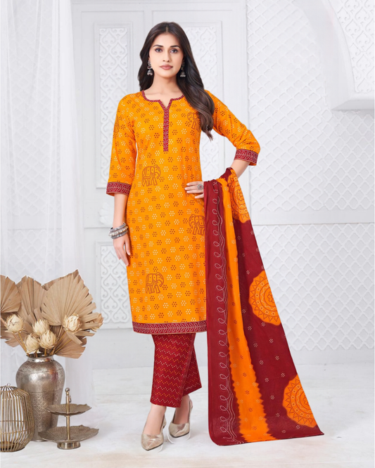 Super Bandhani Mustard Yellow with Maroon and Orange Cotton Suit
