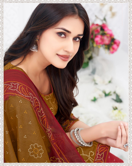 Super Bandhani Olive Brown with Maroon and Red Cotton Suit
