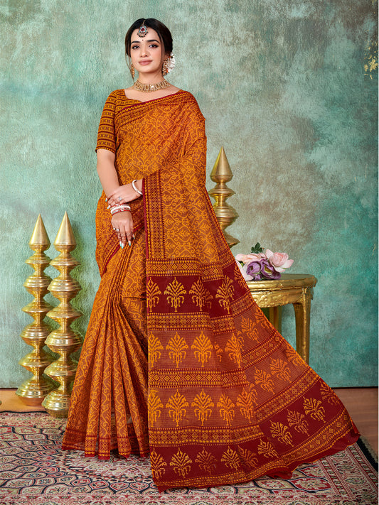 Siri Mustard Orange & Maroon Cotton Saree