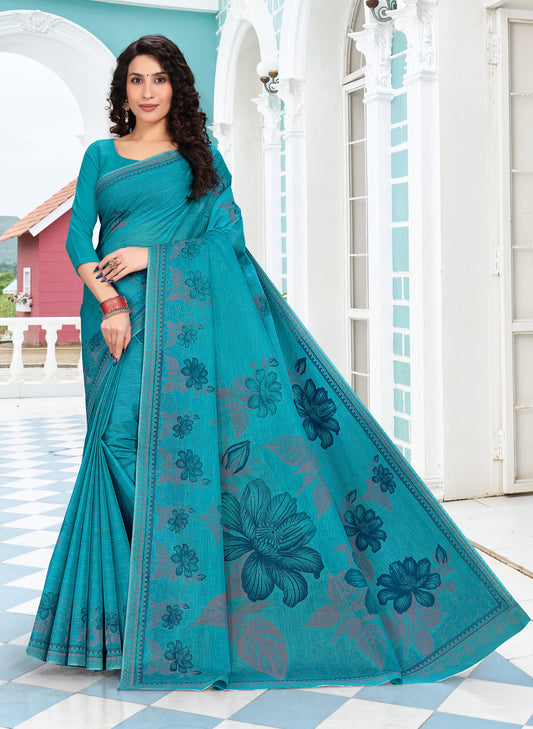 Jigna Cotton Teal Blue Saree