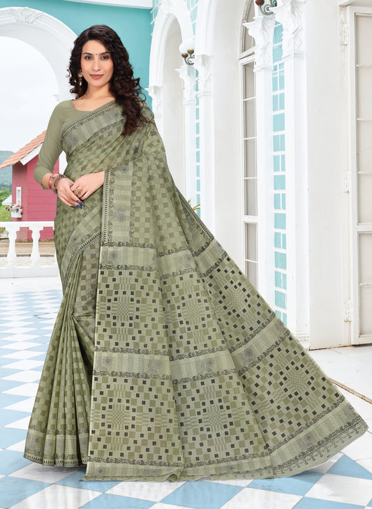 Jigna Cotton Olive Green Saree
