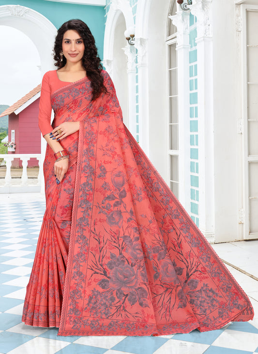 Jigna Cotton Coral Peach Saree