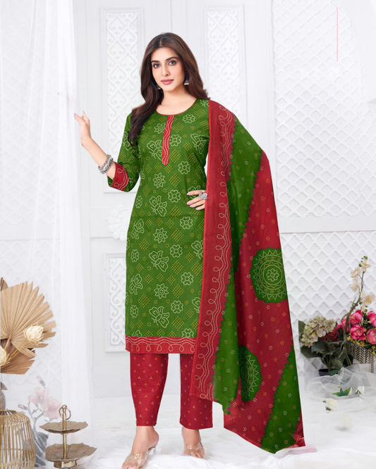 Super Bandhani Green with Maroon Cotton Suit