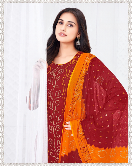 Super Bandhani Maroon with Orange Cotton Suit