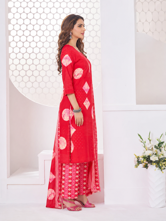 Anushree Bright Red and Pink Combination Cotton Stitched Suit Set