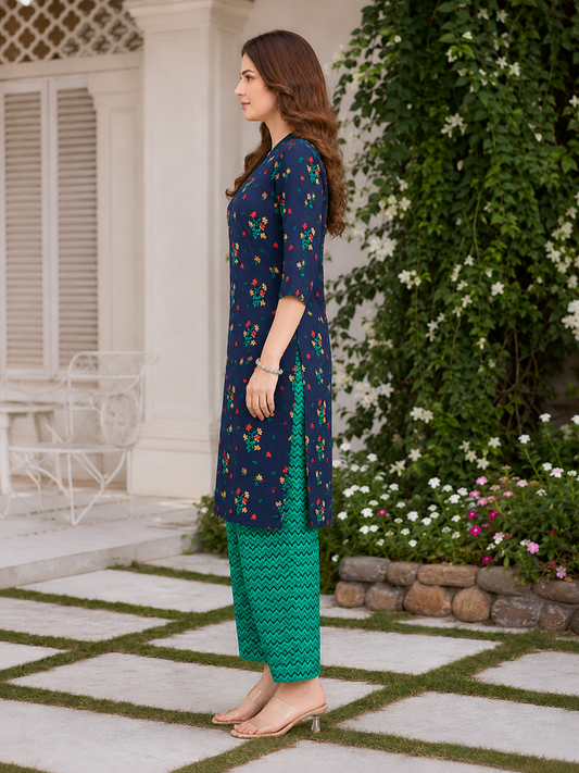 Anushree Navy Blue and Teal Combination Cotton Stitched Suit Set