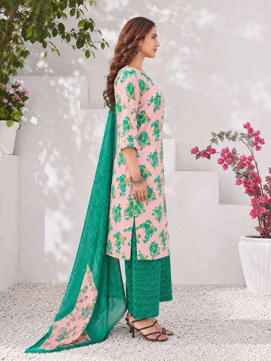 Anushree Blush Pink and Emerald Green Combination Cotton Stitched Suit Set