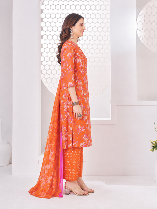 Anushree Orange and Pink Combination Cotton Stitched Suit Set