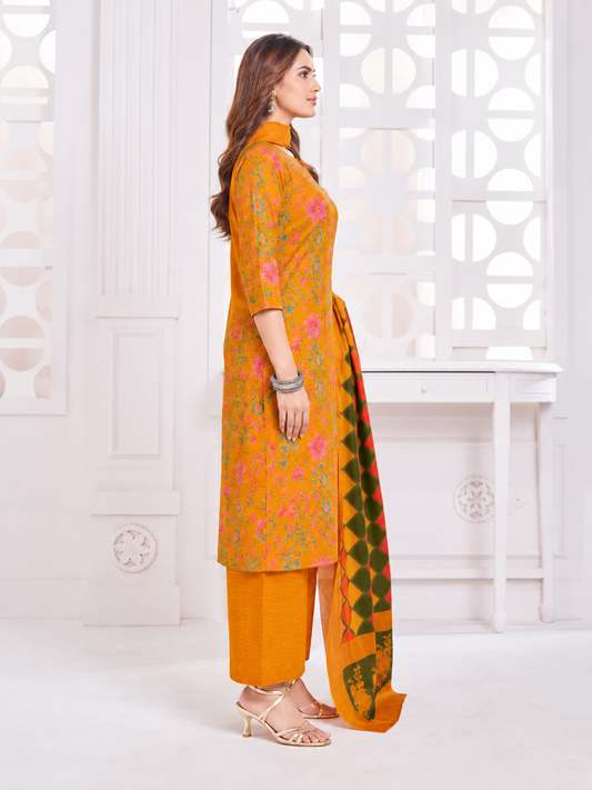 Anushree Mustard Orange and Olive Green Combination Cotton Stitched Suit Set