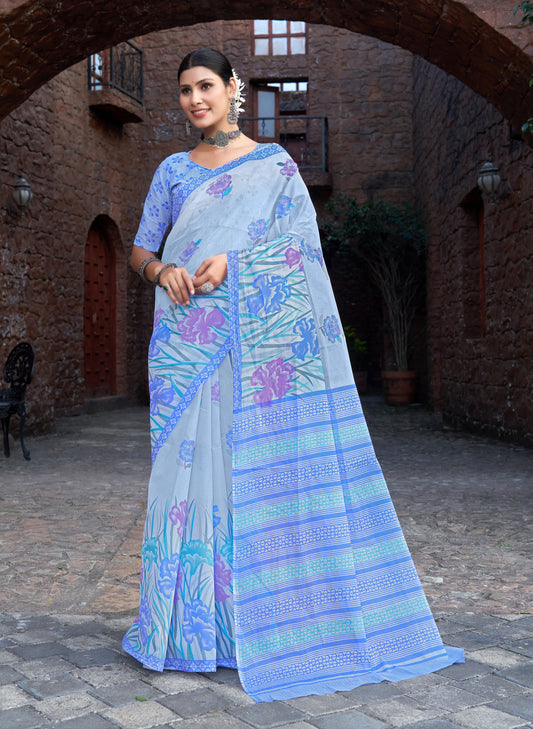 Andhra Express Pastel Blue Mulmul Printed Saree