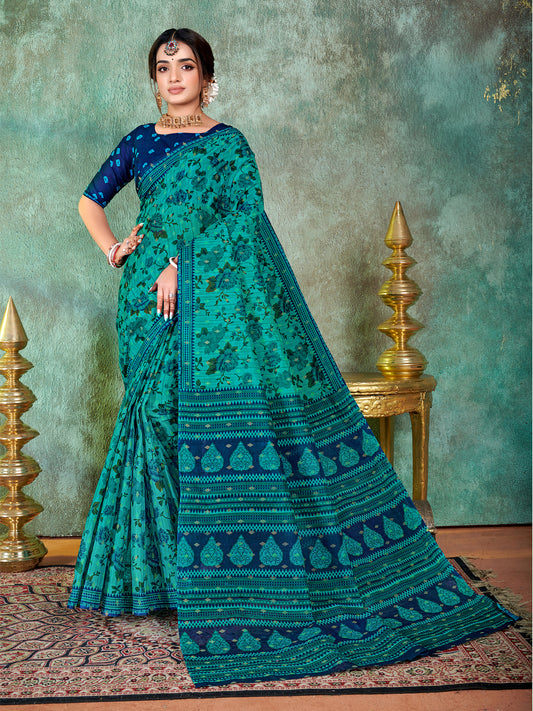 Siri Turquoise Green & Deep Blue Cotton Saree