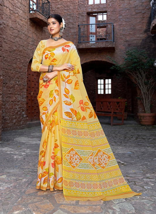 Andhra Express Mustard Yellow Mulmul Printed Saree