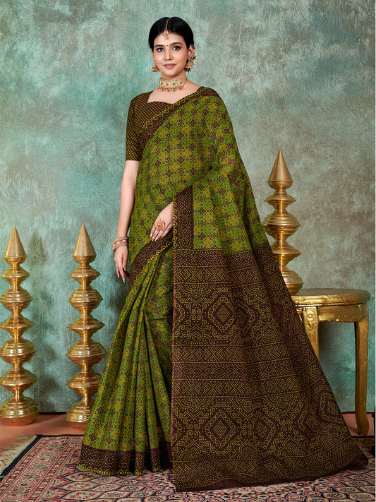 Siri Olive Green & Deep Brown Cotton Saree