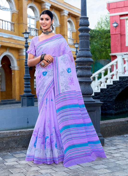 Andhra Express Lavender Mulmul Printed Saree