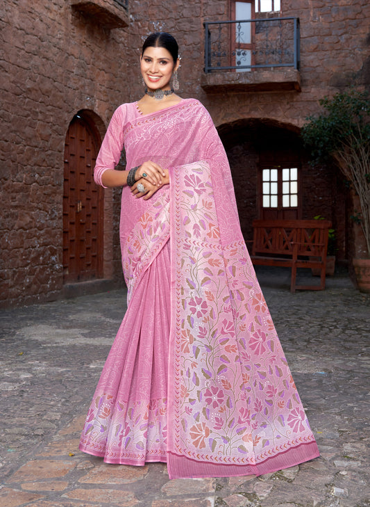 Andhra Express Blush Pink Mulmul Printed Saree
