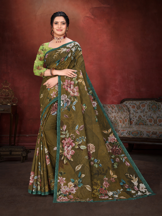 Digital Cotton Olive Green Saree
