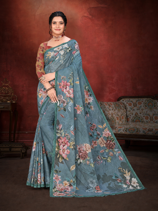 Digital Cotton Aqua Blue Saree